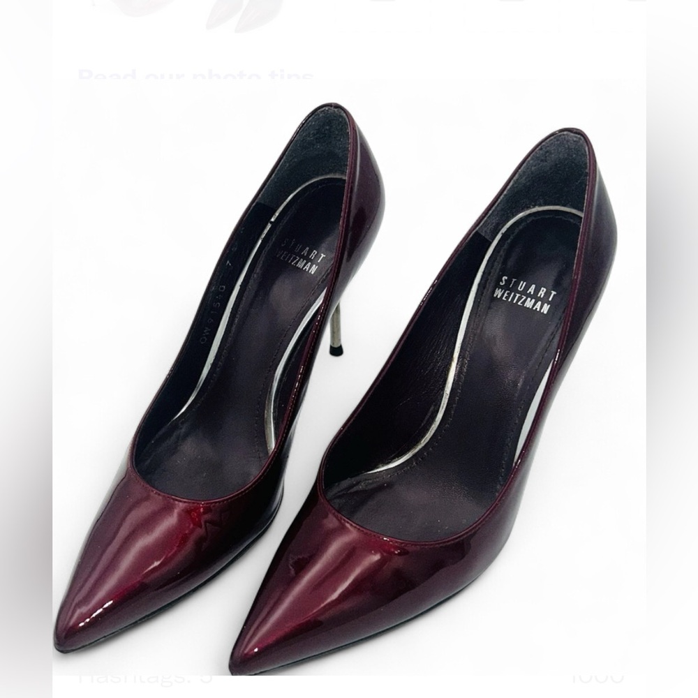 Stuart Weitzman Burgundy Patent Pumps SZ 7 Pointed Toe Metal Heel Stiletto Chic